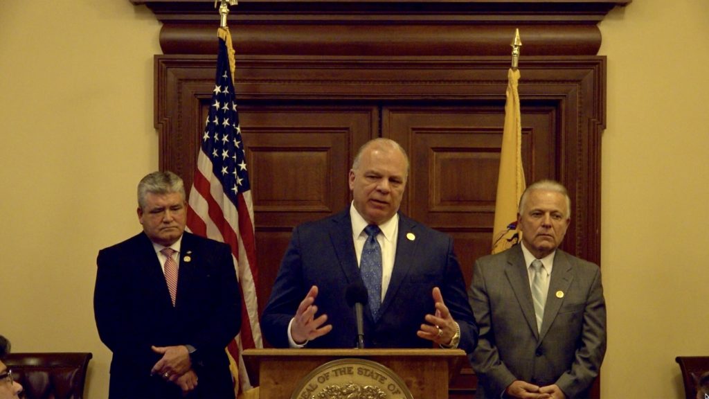 Senate President Steve Sweeney, Senators Joe Pennacchio and Steve Oroho and Assembly Majority Leader Lou Greenwald unveil a package of bills designed to fix New Jersey’s fiscal crisis, restore the stability of the pension system and save tens of billions of dollars for taxpayers.
