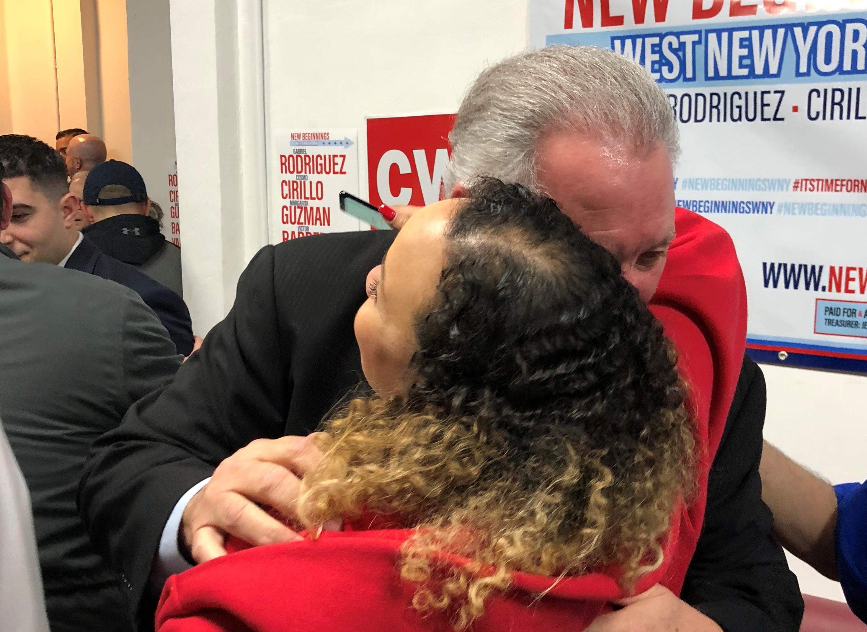 Congressman Albio Sires and newly elected Mayor Gabriel Rodriguez celebrated with a crowd of 100 at West New York's town hall on election night.