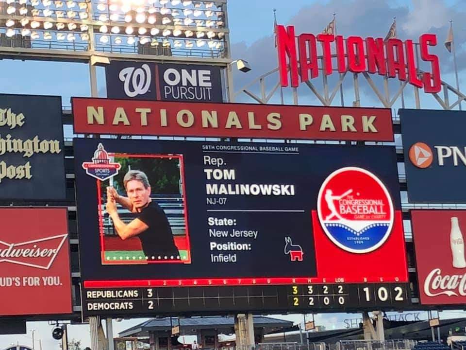 At tonight’s congressional softball game, U.S. Rep. Tom Malinowski got an RBI double first in his first at-bat.