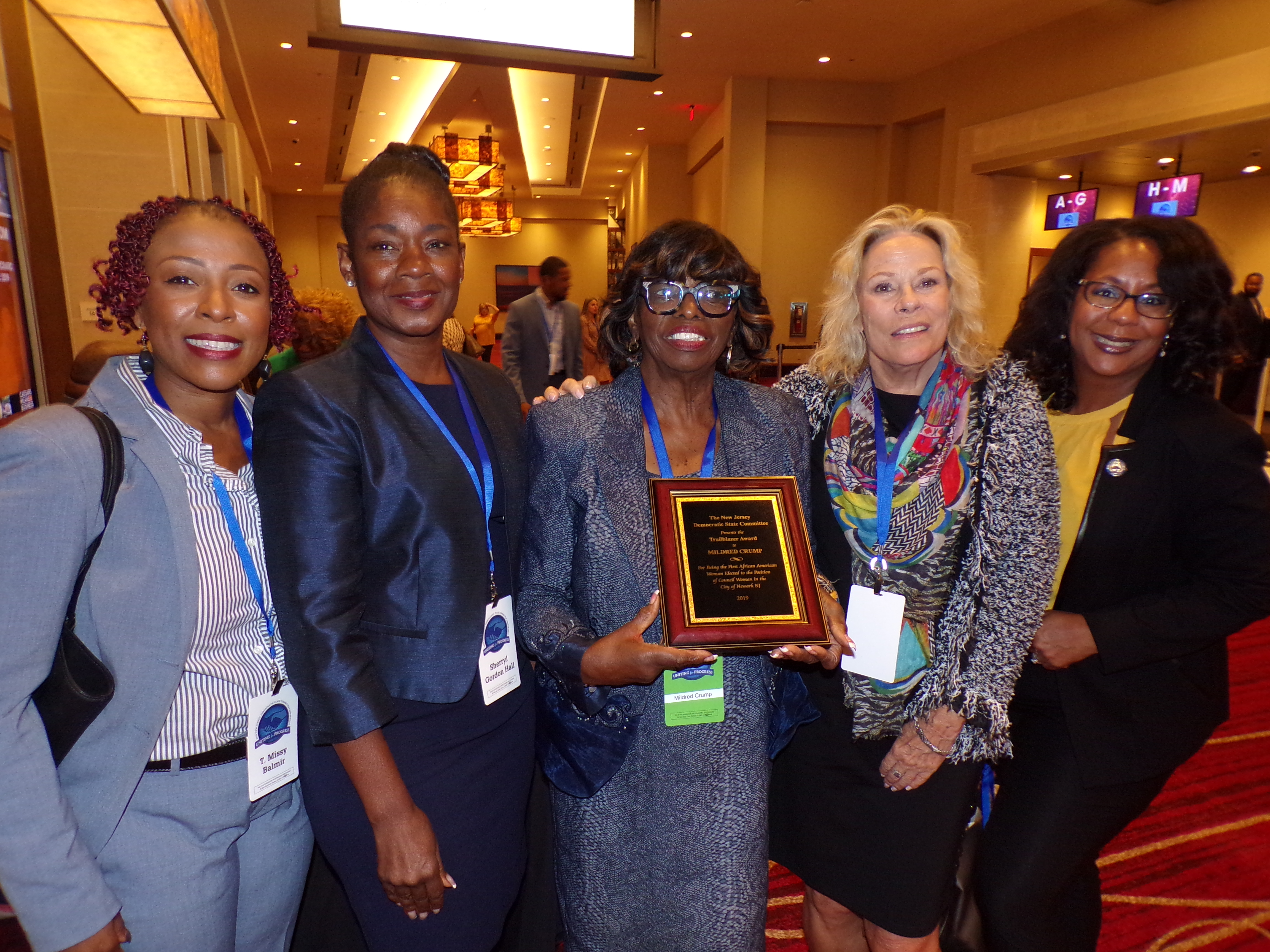 Honored by the Democratic State Committee with a trailblazer award, Newark Council President Mildred Crump (center) celebrated with, from left: T. Missy Balmir, Sherryl Gordon Hall, Truscha Quatrone, and Assemblywoman Verlina Reynolds-Jackson (D-15).