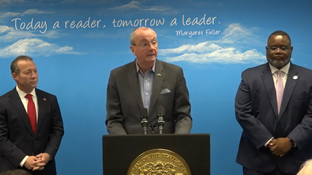 Today's press conference, from left, U.S. Rep. Josh Gottheimer (D-5), Governor Phil Murphy, and Department of Education Commissioner Lamont Repollet.