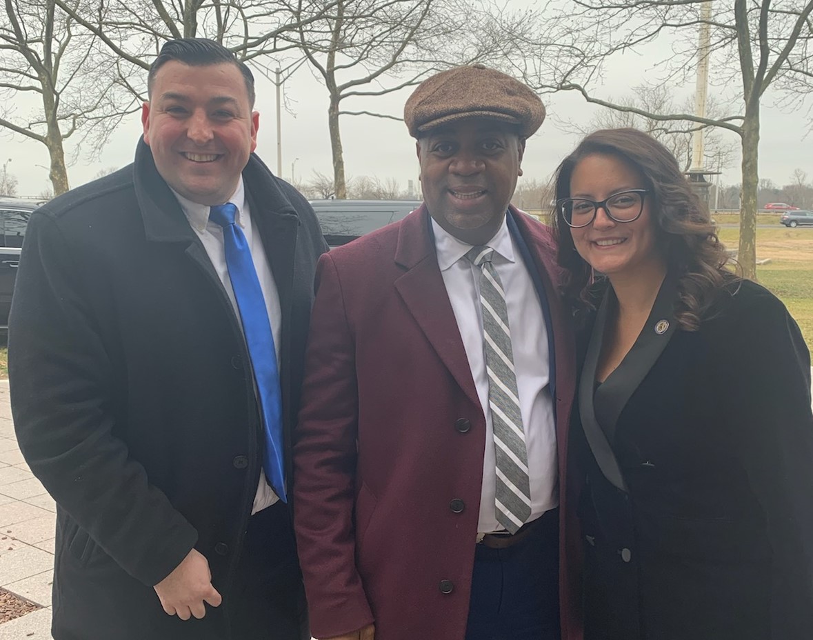 Dave Caetano, Newark Mayor Ras Baraka, and Assemblywoman Eliana Pintor Marin.