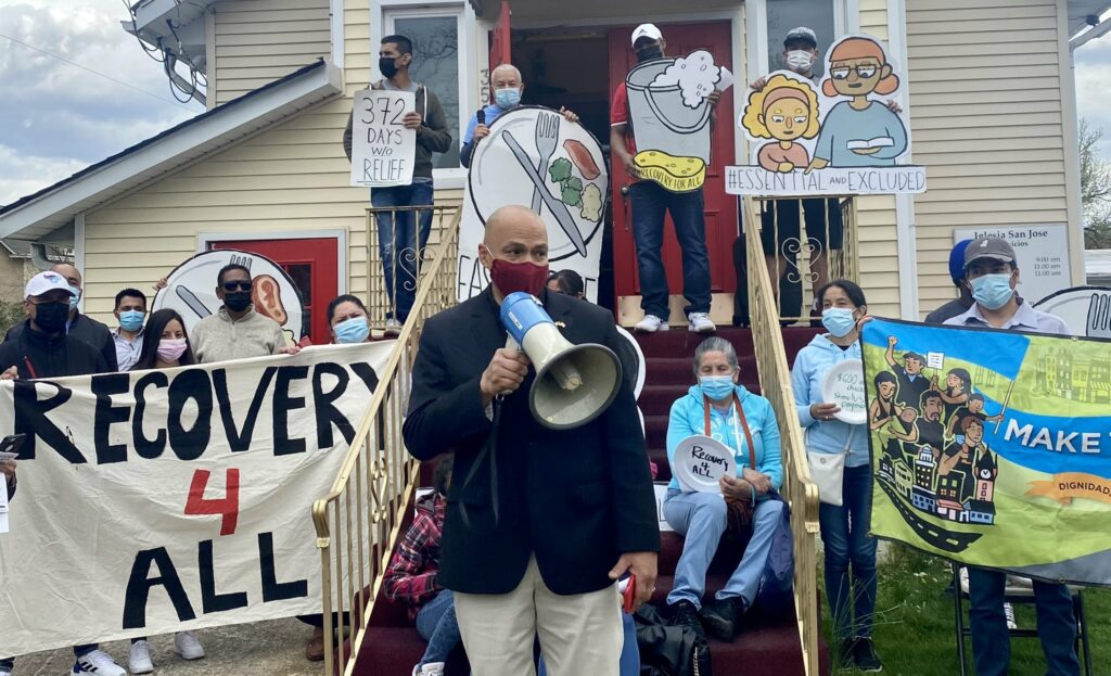 . @sorianoformayor , Mayor of Parsippany, is here in solidarity w/ our #Fast4Relief faster & is calling on @GovMurphy + state legislature to provide relief. “When you call them essential workers, you better treat them as essential workers. We have to take care of everyone.”