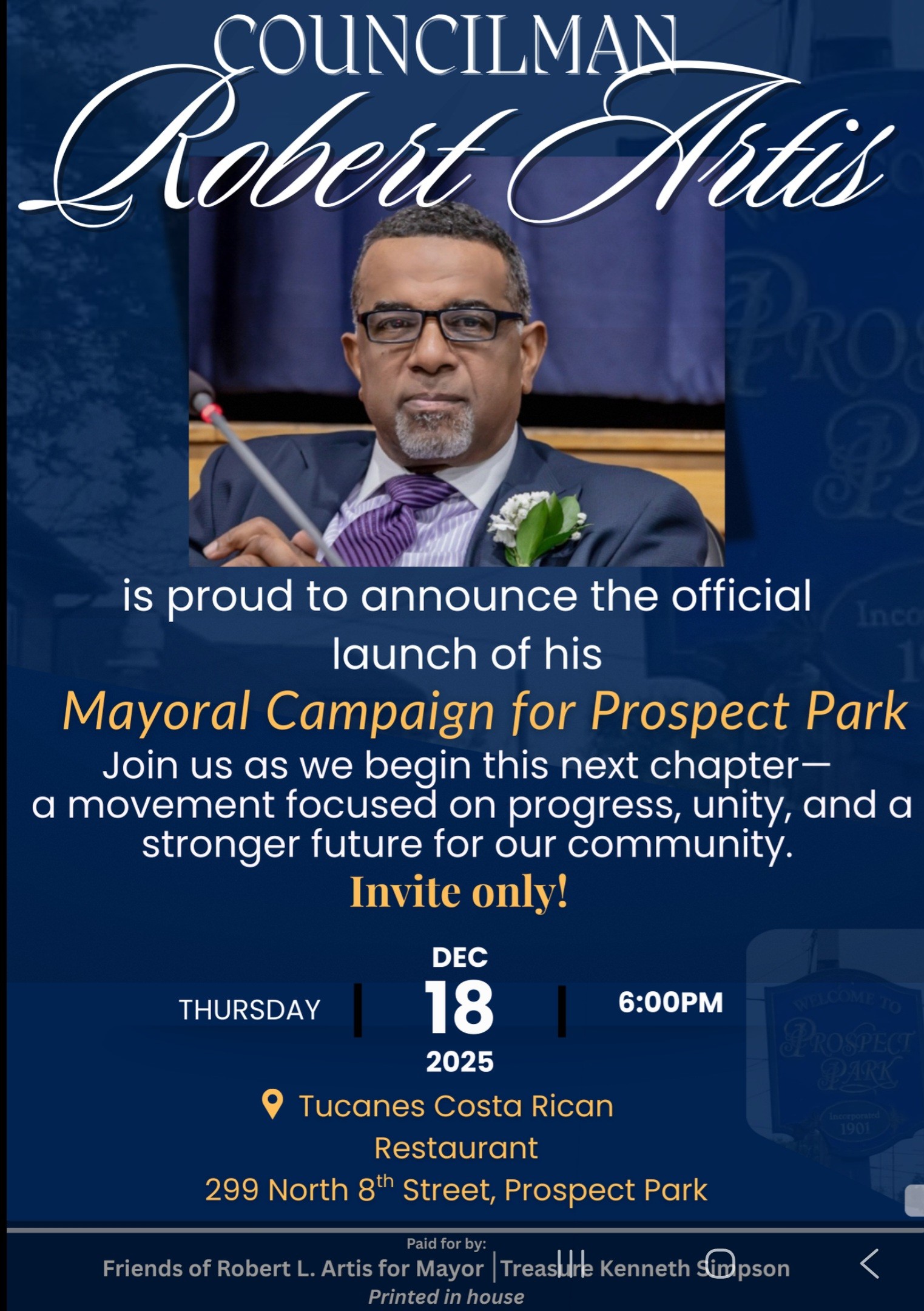 Robert Artis Proud to Announce Launch of Prospect Park Mayoral