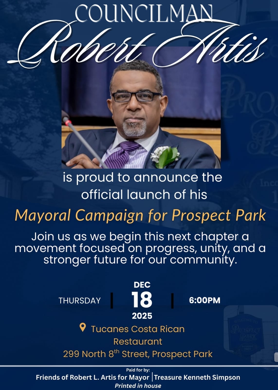 Robert Artis Proud to Announce Launch of Prospect Park Mayoral Campaign