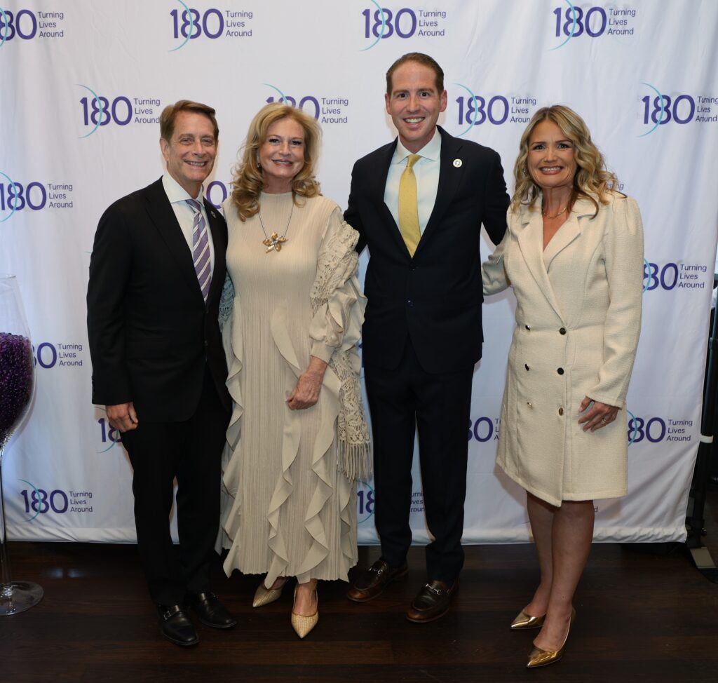 180 CEO Liz Graham and the All That Glitters Is Gold Honorees. From left to right: Bob Garrett, CEO, Hackensack Meridian Health, Maureen Lloyd, Co-President, Monmouth Park Charity Fund, Tony Perry, Mayor, Middletown, NJ, Liz Graham, CEO, 180 Turning Lives Around.